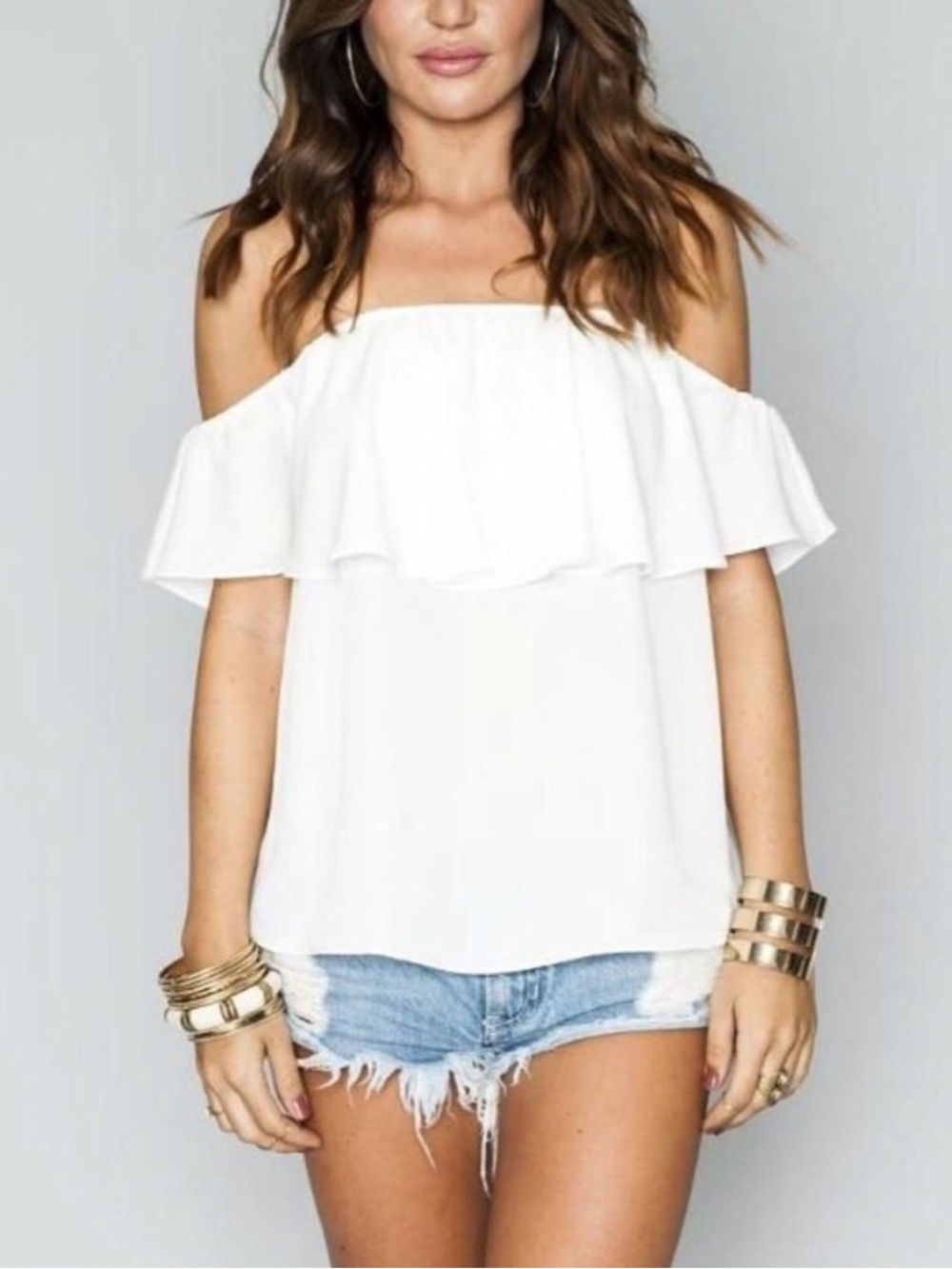 Show Me Your Mumu Chiquita Top White Crisp Off Shoulder Ruffle Blouse NWT Medium